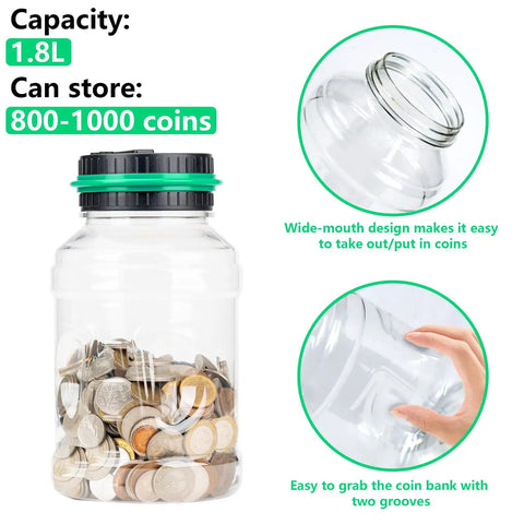 Digital Counting Piggy Bank With LCD Display For Adults 1.8L showing full jar with coins and details of lid and grooves