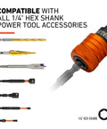 Five Pack One Quarter Inch Hex Shank Bit Holder Keychain Set, Aluminum Alloy Quick Release Bit Holders With Carabiner shown with various compatible hex shank accessories.