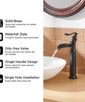 Oil Rubbed Bronze Vessel Sink Faucet With Waterfall Flow Tall One Hole Deck Mount Single Handle Vanity Faucet in bathroom setting