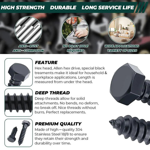 Top Shelf Heavy Duty 5/16 X 1 1/2 Inch Black Oxide Hex Head Lag Screws 304 Stainless Steel 18/8 Full Thread Deck Bolts on display.