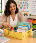 Teacher organizing classroom supplies in pastel trays with books and colorful pens, exemplifying Six Pack Plastic Turn In Paper Trays Set.