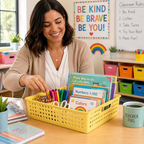 Teacher organizing classroom supplies in pastel trays with books and colorful pens, exemplifying Six Pack Plastic Turn In Paper Trays Set.