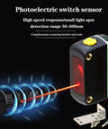 NPN Photoelectric Sensor For Diffuse Reflective Detection, 2MM Spot Size, LED Display, showing light beam and bracket accessories.
