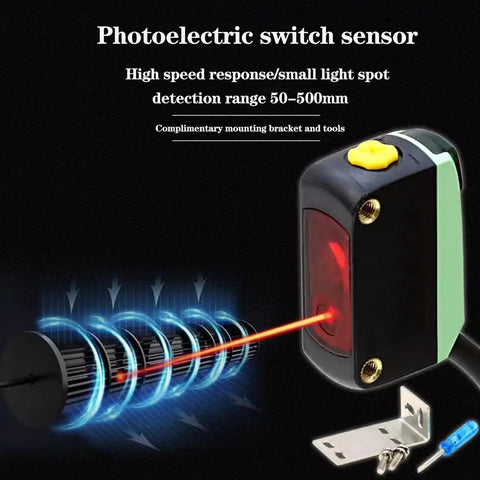 NPN Photoelectric Sensor For Diffuse Reflective Detection, 2MM Spot Size, LED Display, showing light beam and bracket accessories.