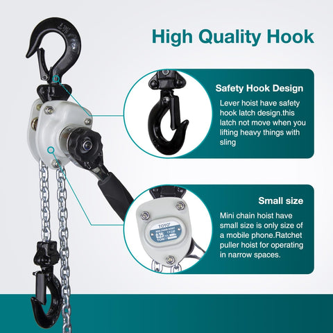 Mini Chain Hoist 550 Pound Portable Lever Hoist 10ft 1/4 Ton Mini Puller With 3M Chain Hoist And 2 Heavy Duty Hooks, safety design