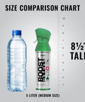 Boost Oxygen Natural 5L Canister Six Pack for Respiratory Support Altitude size comparison with water bottle, 8.5 inches tall