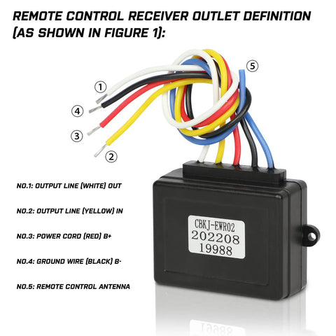 Wireless Winch Remote Control Kit With 2 Button Handset For Cars ATVs And SUVs 12V receiver with labeled wiring diagram.