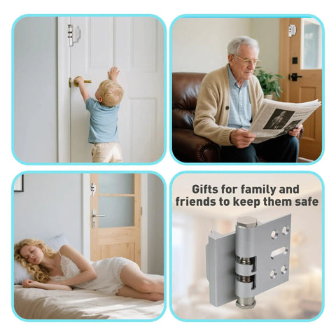 Collage showing the Beefed Up Home Door Reinforcement Lock With Aluminum Guard for Maximum Security on different door types.