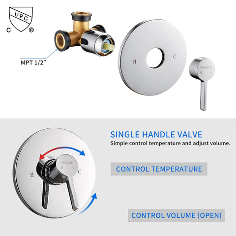 Shower Faucet System With Rain Shower Kit And High-Pressure Handheld Head 2-In-1 Dual Valve Trim Chrome showing valve and control.