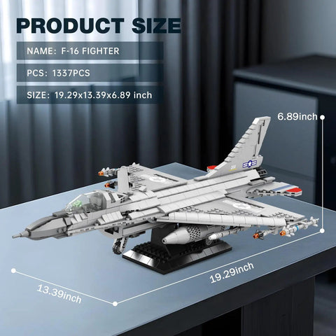 F-16 Fighter Jet Building Set With 1377 Pieces, on display stand featuring retractable landing gear and tail vector nozzle.