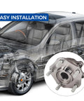 Front Wheel Bearing Hub Assembly 513357 Direct Fit For 2017 2018 Nissan Qashqai, 2014 2023 Nissan Rogue, 2017 2022 Nissan Rogue Sport Replacement Wheel Hub With Plug And Play Easy Install And Smooth Quiet Operation displayed next to a transparent car model.