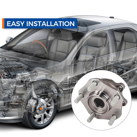 Car with transparent overlay showing "Front Wheel Bearing And Hub Assembly 513357 For Nissan Qashqai 2017 2018, Rogue 2014 2023, Rogue Sport 2017 2022 With ABS, OE Quality Replacement Wheel Hub Kit For Smooth Ride And Long Lasting Performance" with part close-up inset.