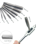 Pro Grade Metric Tap And Die Set With Taps M3 Through M12 And Matching Dies Includes Wrench Handle and anti-skid detail