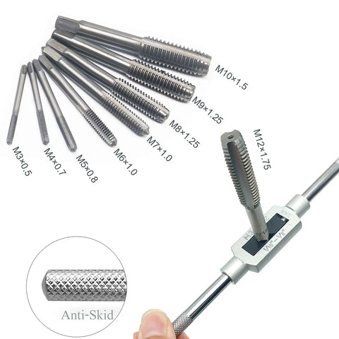 Pro Grade Metric Tap And Die Set With Taps M3 Through M12 And Matching Dies Includes Wrench Handle and anti-skid detail