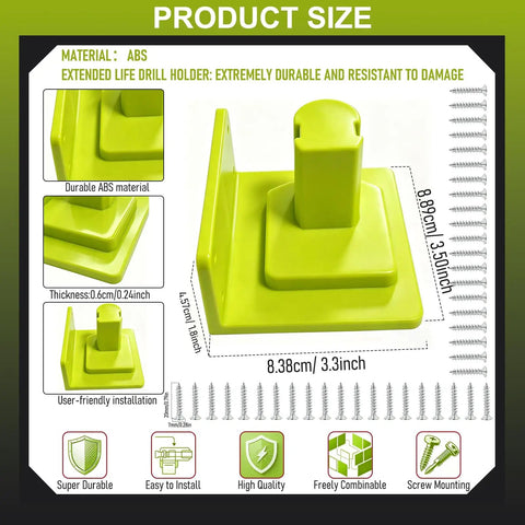 Diagram showing product size and features of 10 Pack Must Have Tool Holder Wall Mount For Ryobi 18V One Plus Cordless Drill Saw Blower And Battery Storage Heavy Duty Organizer For Pegboard Garage And Link System.
