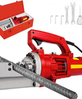 Powerful 1250W Electric Hydraulic Rebar Cutter with steel rebar and tools in case, ideal for metal cutting tasks.