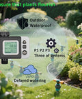 Irrigation Kit Automatic Watering System With Timer in garden setup, showing timer display and fog sprinklers at work.