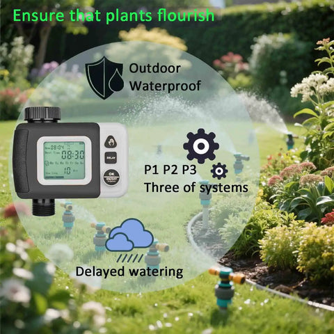 Smart Sprinkler Timer for Garden Hose Automatic Watering System with Rain Delay shown in garden with flowers.