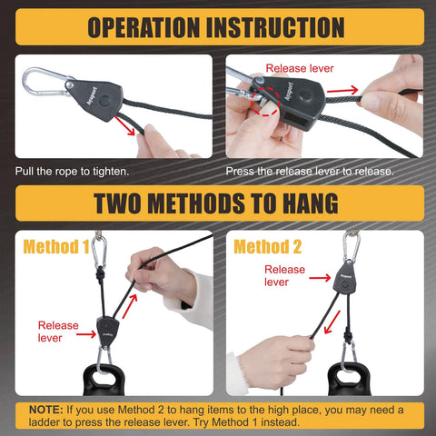 Instructions for Adjustable Rope Hanger With Locking Ratchet Tie Down for Grow Lights and Ceiling Fixtures