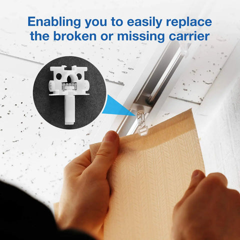 Vertical Blind Repair Tabs Kit 20 Pieces Replacement Slats Window Fixer Parts No Stress Setup showing replacement carrier being installed.