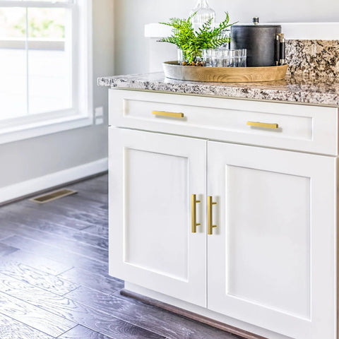White kitchen cabinets with 30 Pack Brushed Brass Cabinet Handles 3 Inch Modern Square Drawer Pulls For Cabinets And Drawers.