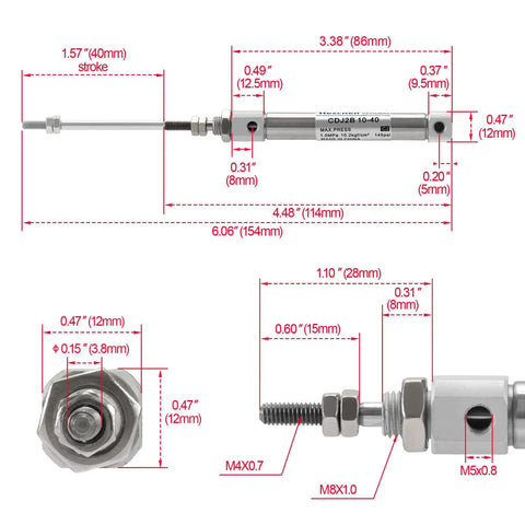 Diagram of Slim Stainless Steel Air Pneumatic Cylinder CDJ2B 10 40 With M5 Port showing dimensions and specifications