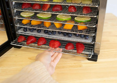 Top Shelf Eight Tray Stainless Steel Food Dehydrator Running Smooth With Digital Timer And Adjustable Temp Control Made For Killer Jerky Dried Fruits Veggies Fresh Herbs Dog Biscuits 650W Bpa Free with strawberries and blueberries being placed on a tray.
