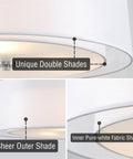 Detail of Cool Lindos 20 Inch Modern Double Drum Pendant Light Three Light Chandelier With Sheer Outer Shade Over White Inner Fabric Shade Brushed Nickel Finish Ceiling Fixture highlighting double drum design.
