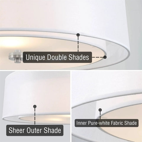 Detail of Cool Lindos 20 Inch Modern Double Drum Pendant Light Three Light Chandelier With Sheer Outer Shade Over White Inner Fabric Shade Brushed Nickel Finish Ceiling Fixture highlighting double drum design.