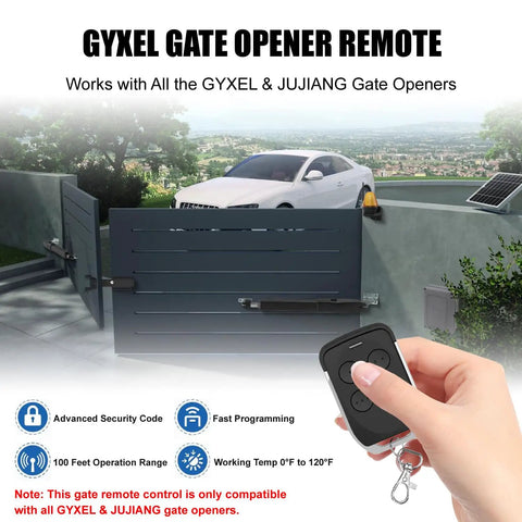 Person holding Dual Gate Opener Remote Transmitter for GYXEL and JUJIANG with gate and car in background