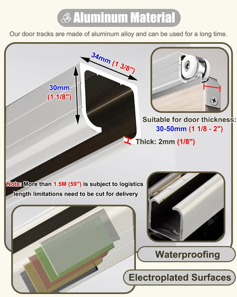 Upgrade Your Setup With This Heavy Duty Sliding Door Hardware Kit Featuring A Super Smooth Six Wheel Barn Track Top Hung Rail For Bedrooms Sheds And Garages Rolling Like Butter Handles 300 Pounds No Sweat Install Silver Aluminum showing aluminum track dimensions.
