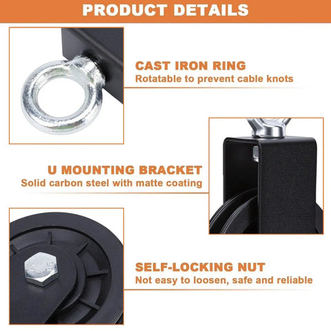 Heavy Duty Pulley Wheel For Home Gym Built Tough With ABS Alloy Construction, 440 Lb Capacity, 360 Degree Rotating Cable Wheel For Lat Pulldown And Full Body Workouts, Smooth Glide And Versatile Cable Training Accessory For Gains. cast iron ring and mounting bracket details