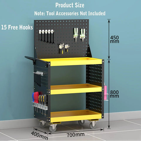 3 Tier Rolling Tool Cart With 660 Lb Capacity, Heavy Duty Steel Utility Cart On Wheels, Pegboard With 15 Hooks, Built Tough For Garage, Warehouse And Workshop, Bright Yellow, 700mm x 400mm