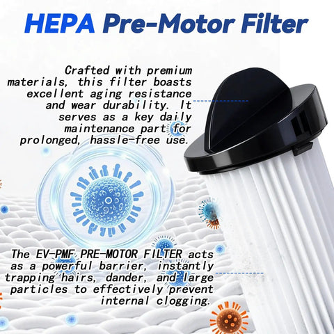 HEPA Pre Motor Filter with a black top, designed for vacuum use, part of 6 Pack HEPA Pre Motor Filter Replacement With Extra Hand Brushes Fits Eye Vac And Neo Vac Touchless Stationary Vacs Hard Working Setup Delivers A Clean Sweep Without Breaking The Bank.