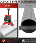Pipe center finder tool, red housing with black dial and bubble level on a metal pipe.