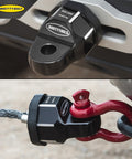 AWS Aluminum Winch Shackle with rugged finish attached to off-road vehicle and synthetic rope for safer, stronger recovery