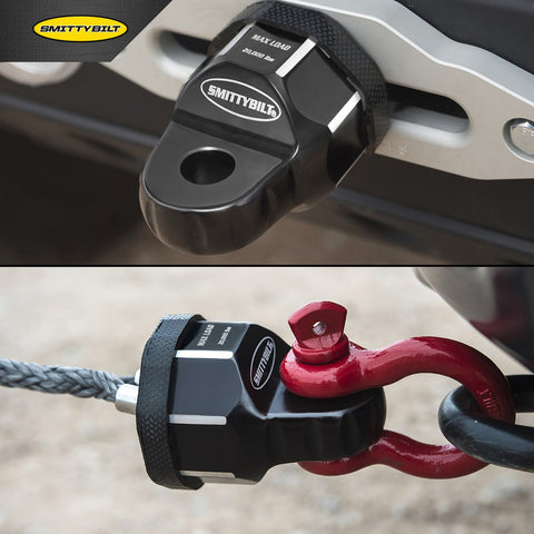 AWS Aluminum Winch Shackle with rugged finish attached to off-road vehicle and synthetic rope for safer, stronger recovery