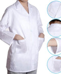 Kids Doctor Scientist Costume Kit With Lab Coat Goggles ID Card Magnifying Glass For Halloween Dress Up Blue XS Durable Polyester Cotton Realistic Lab Gear For Curious Little Scientists Kid Friendly showing white lab coat details in polyester cotton blend including collar, pockets, and sleeves.