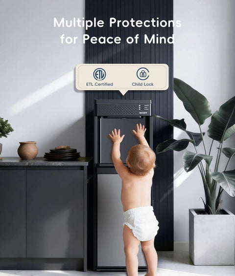 Child near 4 In 1 Water Dispenser With Ice Maker, Hot And Cold Water Cooler, Bottom Loading, Eco Mode, Child Safety Lock and Night Light