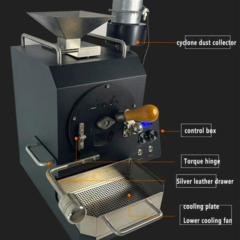 Heavy Duty Electric Coffee Roaster With Cooling Plate And Sampling Spoon 360 Degree Even Heating 600 Gram Batch For Peanuts And Soybeans, showing control box and cooling plate.