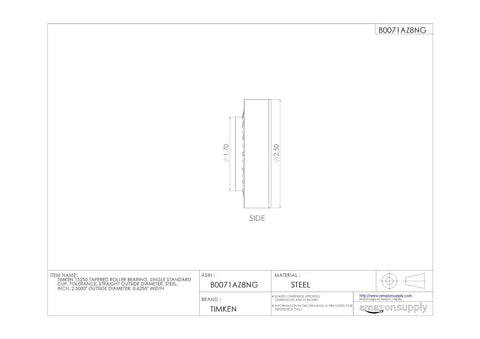 Heavy Duty Tapered Roller Bearing Single Cup Outer Ring 2.5 Inch Outside Diameter Alloy Steel side view dimensions