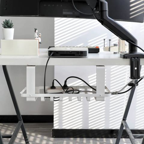 Heavy Duty Under Desk Cable Management Tray Designed As A Complete Game Changer For Crushing Cord Chaos Without Any Messy Drilling To Keep Your Workspace Looking Slick And Totally Stress Free In Matte White, mounted under desk.