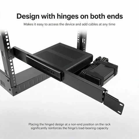 No Sweat One U Rack Mount Bracket For Micro Desktop Computers Featuring Smooth Rail Sliding and Tough Metal Armor, showing hinged design.