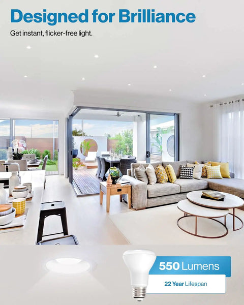 Bright living room with 550 lumen LED flood light, showcasing 10 Pack BR20 LED Bulbs Dimmable Recessed Lighting Flood Lights For Can Lights Indoor Outdoor 550 Lumens 7W 50W Equivalent 3000K Warm White E26 Base Waterproof UL Listed.