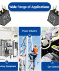 Pack Of Two Hefty Twelve Volt Five Pin Auto Fuel Pump Relays Straight Plug Setup showing applications in power industry, factory, and car control.