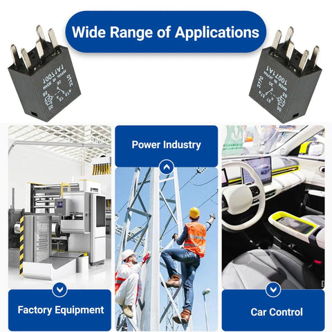 Pack Of Two Hefty Twelve Volt Five Pin Auto Fuel Pump Relays Straight Plug Setup showing applications in power industry, factory, and car control.