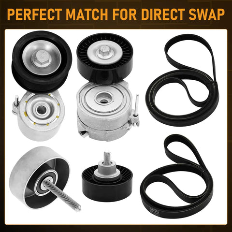 Premium Drive Belt Tensioner Idler Pulley Kit That Slaps Right Into Audi A7 A6 S4 Q5 Q7 And Porsche Cayenne Panamera For Serious Street Performance And Smooth Daily Drives; complete pulleys and serpentine belt shown