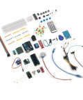 Electronic Components Starter Kit With Basic Repair Tools And Stepper Motor Servo For R3 Projects Packed With Wireless Communication Modules And Identity Authentication Features For Quick Hands On Learning. Overhead view of R3 kit with breadboard, jumper wires, LCD, RFID module and servo
