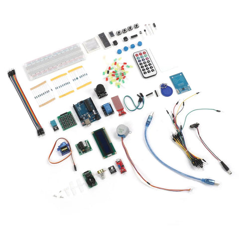 Electronic Components Starter Kit With Basic Repair Tools And Stepper Motor Servo For R3 Projects Packed With Wireless Communication Modules And Identity Authentication Features For Quick Hands On Learning. Overhead view of R3 kit with breadboard, jumper wires, LCD, RFID module and servo