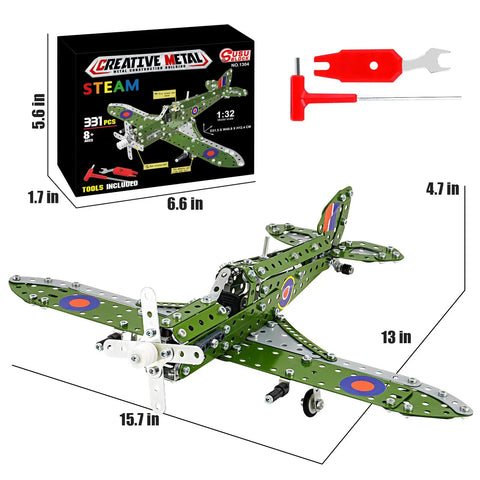 Metal 1 To 32 Scale Fighter Airplane Kit With 331 Parts 13 Inch Long DIY STEM Model For Kids Aged 8 To 12 Rust Resistant Assembly Toy With Tools